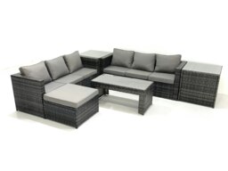 Rackhams Garden Outdoor Rattan Furniture Set with Sofa Coffee table Big Footstool 2 Side Tables Dark Grey Mixed - thumbnail 1