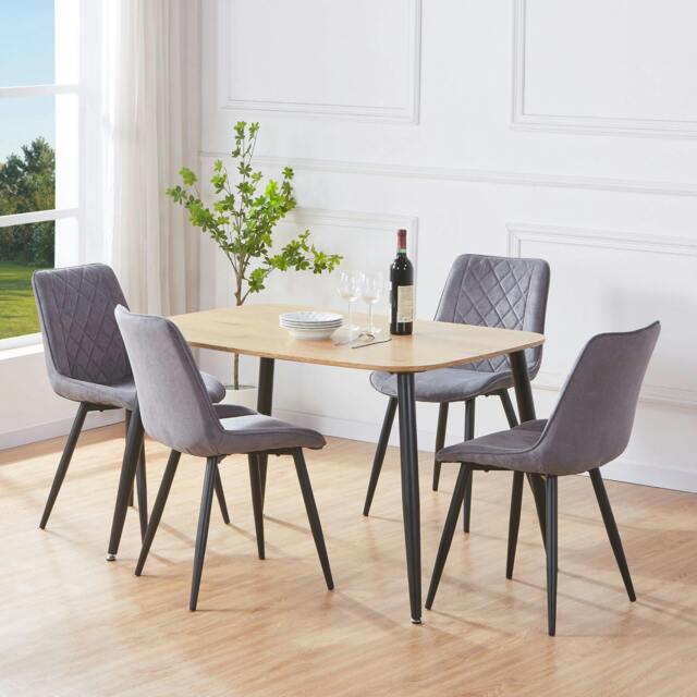 Rackhams Aspen Dining Set - Light-Oak Effect Rectangular Table & 4 Upholstered Diamond Stitch Fabric Chairs - Grey - image 1