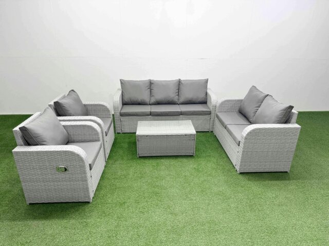Rackhams PE Rattan Garden Furniture Set Adjustable Chair Sofa Double Love Seat 2 Seater Sofa Lounge Set Oblong Coffee Table Light Grey - image 1
