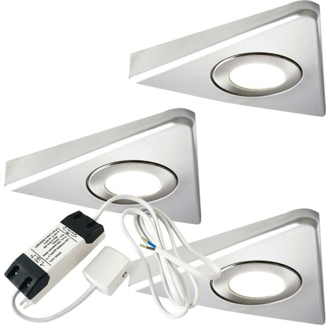 Rackhams Loops 3x BRUSHED NICKEL Triangle Surface Under Cabinet Kitchen Light & Driver Kit - Natural White LED