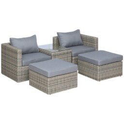 Rackhams 5 Pcs Rattan Garden Furniture Set Stool Coffee Table - Brown - Aluninum, PE rattan - 73cm x 73cm x 65cm - thumbnail 2