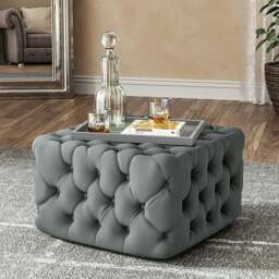 Rackhams Square Velvet Ottoman Footstool Deep Button - 62cm W - Grey - thumbnail 3