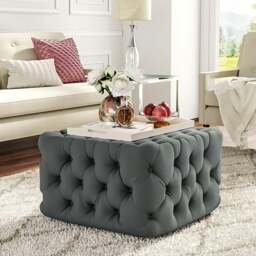 Rackhams Square Velvet Ottoman Footstool Deep Button - 62cm W - Grey - thumbnail 1