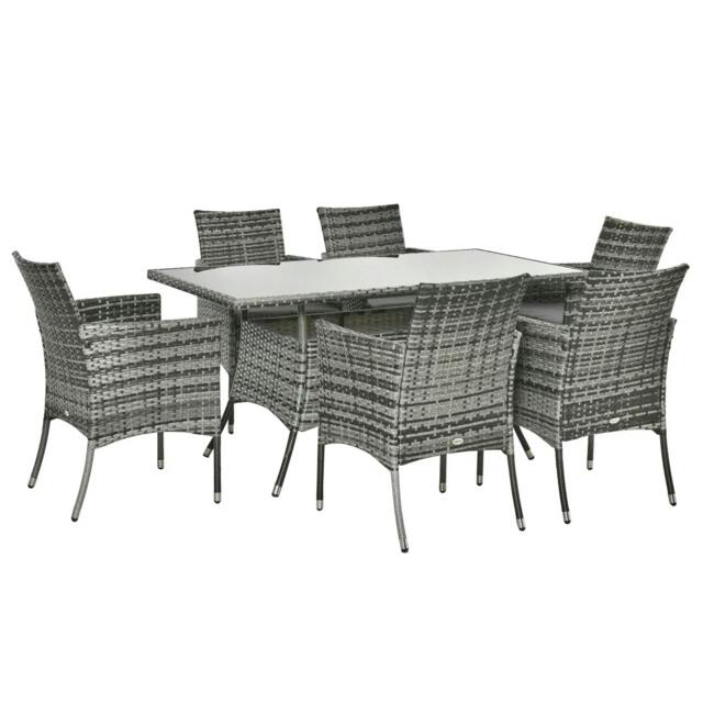 Rackhams 7-Piece Rattan Garden Furniture Set with Cushions, 6 Seater Garden Table and Chairs, Rattan Dining Set with 6 Armchairs, Grey - image 1