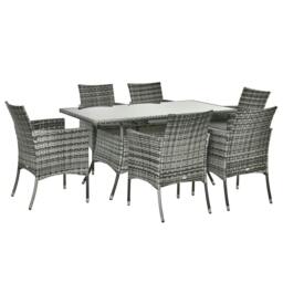 Rackhams 7-Piece Rattan Garden Furniture Set with Cushions, 6 Seater Garden Table and Chairs, Rattan Dining Set with 6 Armchairs, Grey - thumbnail 1