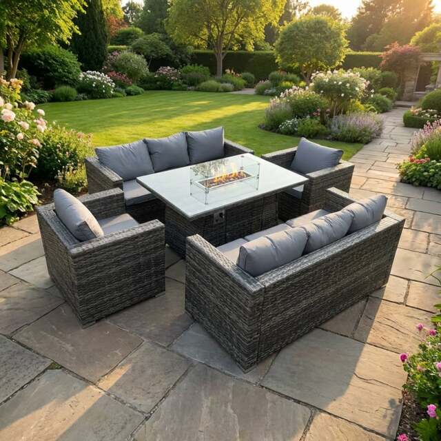 Rackhams 8 Seater Rattan Garden Furniture Set with Gas Fire Pit Dining Table, 2 Sofas, 2 Armchairs - Dark Grey - image 1