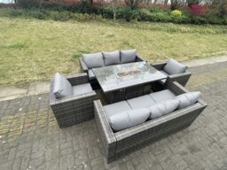 Rackhams 8 Seater Rattan Garden Furniture Set with Gas Fire Pit Dining Table, 2 Sofas, 2 Armchairs - Dark Grey - thumbnail 3