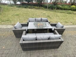 Rackhams 8 Seater Rattan Garden Furniture Set with Gas Fire Pit Dining Table, 2 Sofas, 2 Armchairs - Dark Grey - thumbnail 2