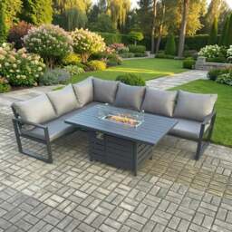 Rackhams 6 Seater Aluminium Outdoor Garden Furniture Set with Gas Fire Pit Dining Table and Corner Sofa - Dark Grey - thumbnail 1