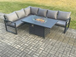Rackhams 6 Seater Aluminium Outdoor Garden Furniture Set with Gas Fire Pit Dining Table and Corner Sofa - Dark Grey - thumbnail 2