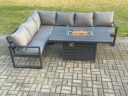 Rackhams 6 Seater Aluminium Outdoor Garden Furniture Set with Gas Fire Pit Dining Table and Corner Sofa - Dark Grey - thumbnail 3
