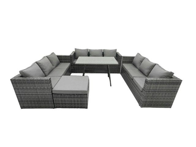 Rackhams Outdoor Rattan Garden Furniture Lounge Sofa Set With Oblong Dining Table With Clear Tempered Glass And Big Footstool - image 1