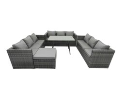 Rackhams Outdoor Rattan Garden Furniture Lounge Sofa Set With Oblong Dining Table With Clear Tempered Glass And Big Footstool - thumbnail 1