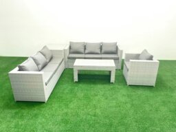 Rackhams Wicker PE Rattan Sofa Garden Furniture Set with Oblong Coffee Table Armchair Side Table Light Grey Mixed - thumbnail 2