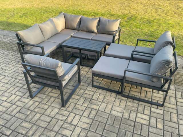 Rackhams 12 Seater Aluminium Outdoor Garden Furniture Set Patio Lounge Sofa with Oblong Coffee Table Chair 2 Small Footstools Big Footstool Dark Grey