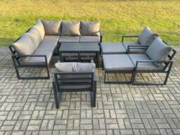 Rackhams 12 Seater Aluminium Outdoor Garden Furniture Set Patio Lounge Sofa with Oblong Coffee Table Chair 2 Small Footstools Big Footstool Dark Grey - thumbnail 2