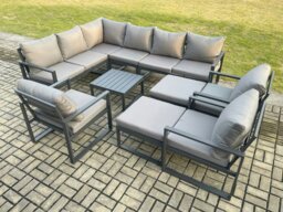 Rackhams 11 Seater Outdoor Lounge Corner Sofa Set Aluminum Garden Furniture Sets with Square Coffee Table 3 Chairs 2 Big Footstools Dark Grey - thumbnail 1