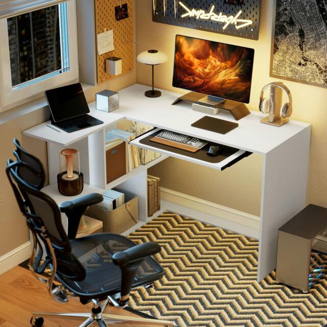 Rackhams L-Shaped Corner Desk with Keyboard Tray and Open Shelves, White - image 1