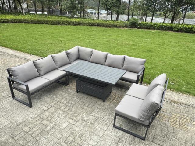 Rackhams 8 Seater Aluminium Garden Furniture Set with Adjustable Rising Dining Table - Dark Grey