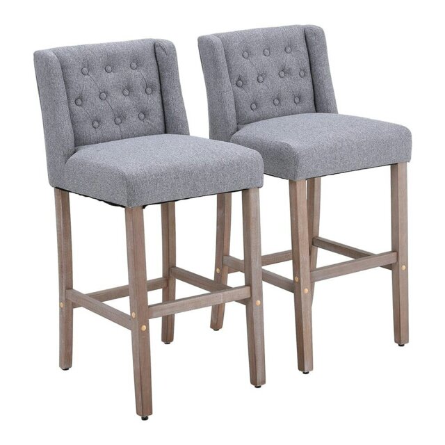 Rackhams Set of 2 Hight Bar Stools Linen Upholstered with Wood Legs - Grey - image 1
