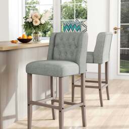 Rackhams Set of 2 Hight Bar Stools Linen Upholstered with Wood Legs - Grey - thumbnail 2