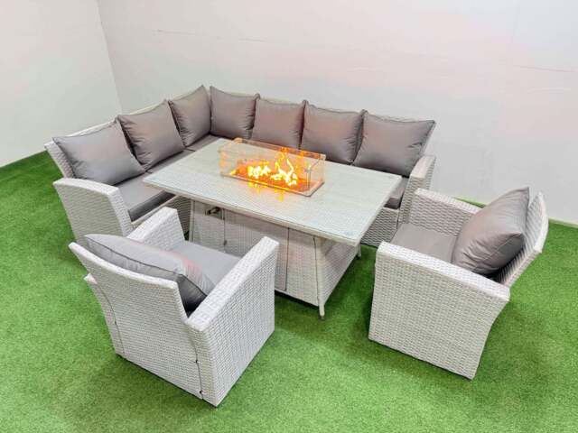 Rackhams Rattan Corner Sofa Chair Set Outdoor Furniture Garden Dining Sets Gas Fire Pit Table with Temper Glass Light Grey Mixed - image 1