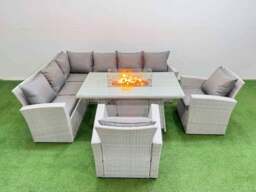 Rackhams Rattan Corner Sofa Chair Set Outdoor Furniture Garden Dining Sets Gas Fire Pit Table with Temper Glass Light Grey Mixed - thumbnail 2