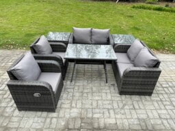 Rackhams Wicker PE Rattan Garden Dining Set Outdoor Furniture Sofa with Rectangular Dining Table 2 Side Tables Dark Grey Mixed - thumbnail 1