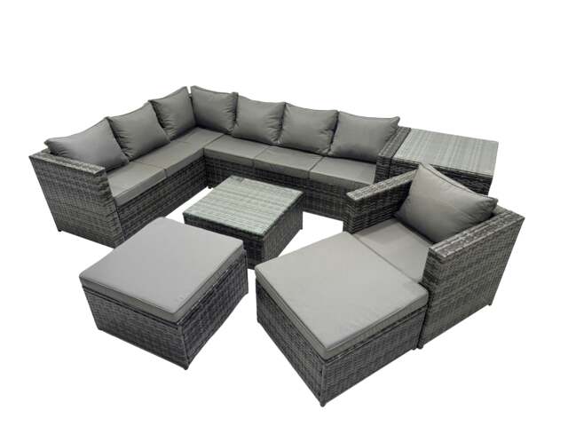 Rackhams Rattan Garden Furniture Patio Furniture Sets with Corner Sofa Chair Square Coffee Table 2 Big Footstools Side Table Dark Grey Mixed - image 1