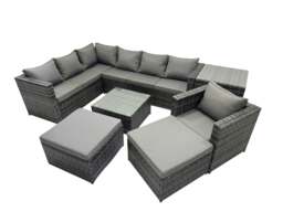 Rackhams Rattan Garden Furniture Patio Furniture Sets with Corner Sofa Chair Square Coffee Table 2 Big Footstools Side Table Dark Grey Mixed