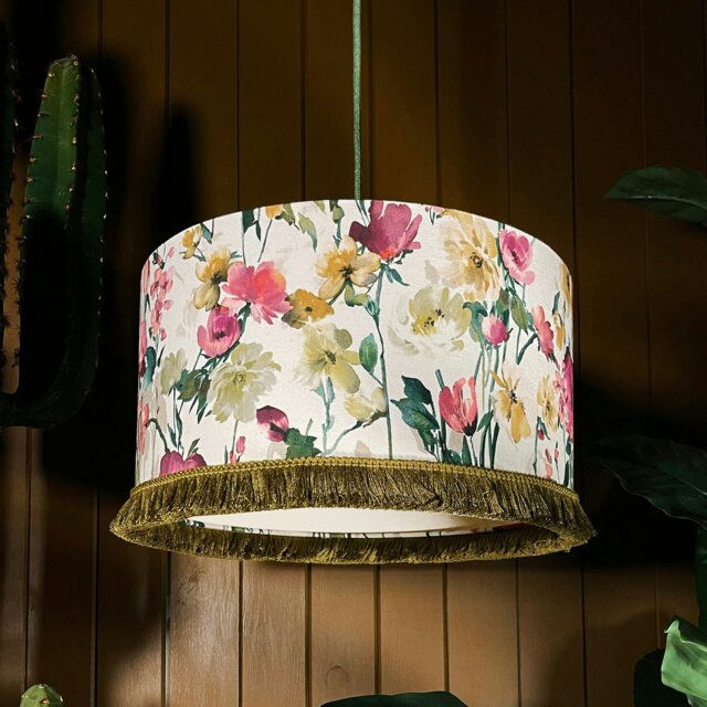 "Rackhams Hazy Meadow Fringed Linen lampshade in Salt - Ceiling Pendant / Arc Lamp - 30cm diameter x 20cm Height (12"" x 8"")" - image 1