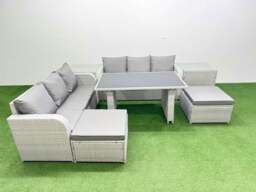 Rackhams 8 Seater Rattan Outdoor Dining Table 3 Seater Sofa Set with 2 Side Tables 2 Big Stools Light Grey