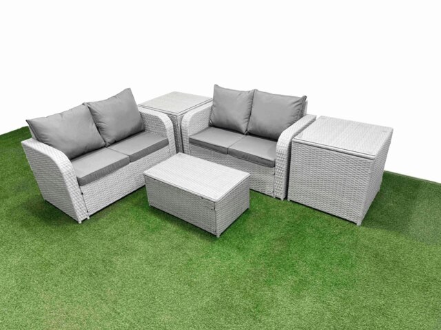 Rackhams 4 Seater Outdoor Love Sofa Set Rattan Garden Furniture Set with Rectangular Coffee Table 2 Side Tables Light Grey - image 1