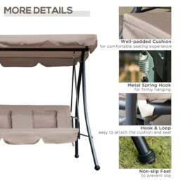Rackhams 2-in-1 Swing Chair 3 Seater Hammock Cushion Bed Tilt Canopy - Steel, Polyester - 200L x 125W x 170H cm - Light Grey - thumbnail 5