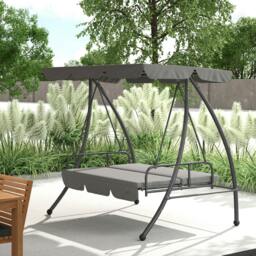 Rackhams 2-in-1 Swing Chair 3 Seater Hammock Cushion Bed Tilt Canopy - Steel, Polyester - 200L x 125W x 170H cm - Light Grey