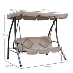 Rackhams 2-in-1 Swing Chair 3 Seater Hammock Cushion Bed Tilt Canopy - Steel, Polyester - 200L x 125W x 170H cm - Light Grey - thumbnail 6