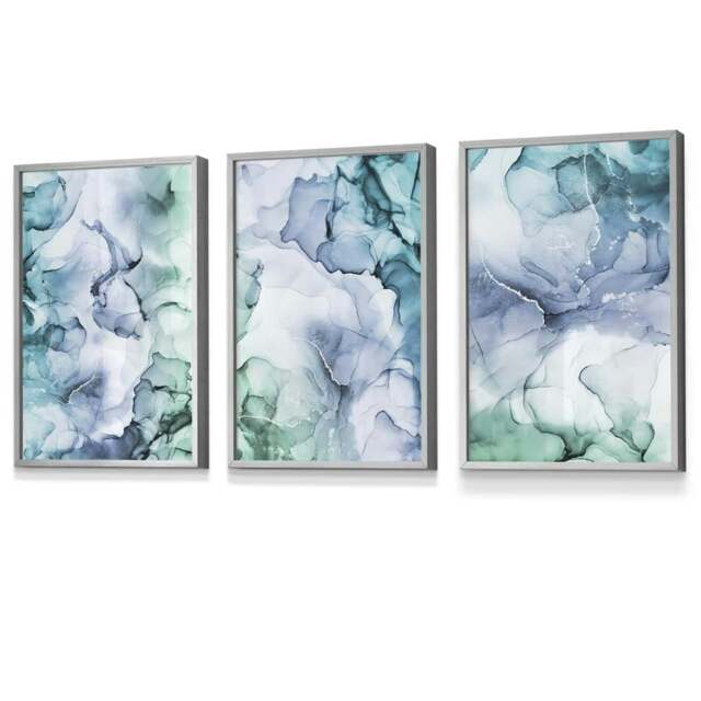 Rackhams Set of 3 Abstract Floral Fluid in Blue Green and Purple Framed Wall Art - 30x42cm (A3) - Light Grey - image 1