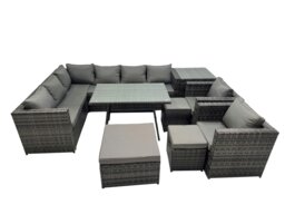 Rackhams 11 seater Outdoor PE Rattan Sofa Set with Dining Table Patio Garden Furniture Sets with 2 Chair 3 Stools Side Table Dark Grey Mixed - thumbnail 2