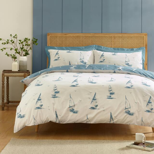 Rackhams Salcombe Boats Reversible Duvet Cover Set Soft Blue - Double - Soft Blue - image 1