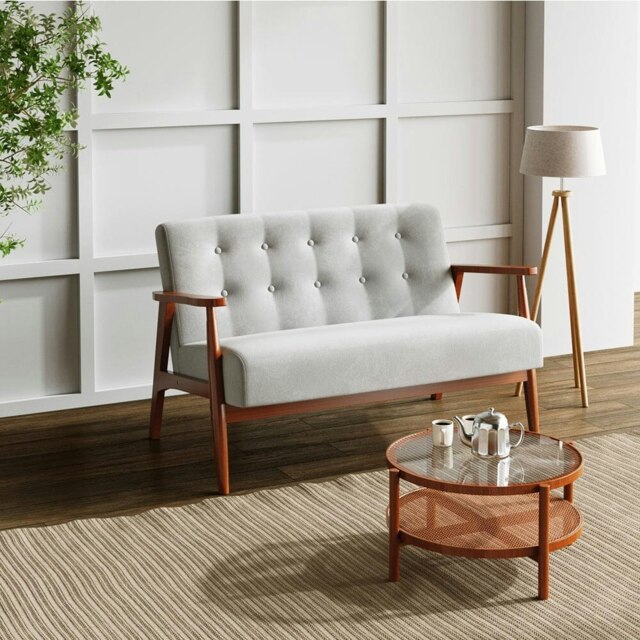 Rackhams 2-Seater Loveseat Sofa Linen Padded Rubber Wood in Grey - image 1