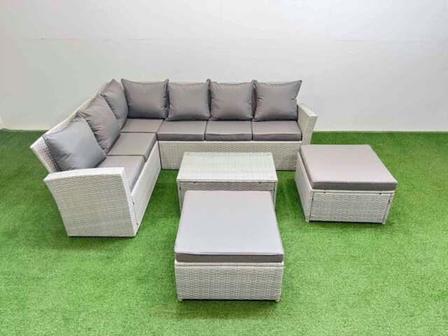Rackhams 8 Seater Garden Outdoor PE Rattan Furniture Set Rattan Garden Sofa Set with Oblong Coffee Table Light Grey Mixed - image 1