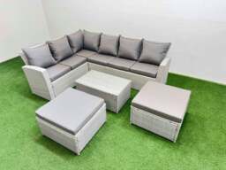 Rackhams 8 Seater Garden Outdoor PE Rattan Furniture Set Rattan Garden Sofa Set with Oblong Coffee Table Light Grey Mixed - thumbnail 2