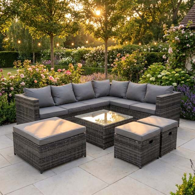 Rackhams Outdoor PE Rattan Garden Furniture Sofa Set with Square Coffee Table 3 Stools Dark Grey - image 1