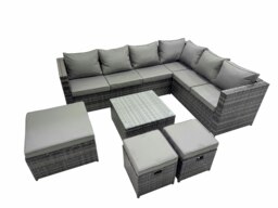 Rackhams Outdoor PE Rattan Garden Furniture Sofa Set with Square Coffee Table 3 Stools Dark Grey - thumbnail 2