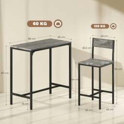 Rackhams Bar Table and Stools Set, Kitchen Table and 2 Chairs with Backrest, Footrest - Rustic Brown, Black - MDF, Metal - 3 - thumbnail 3