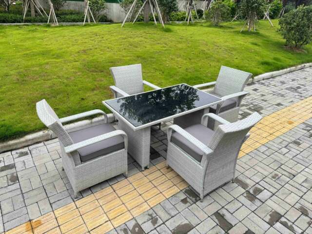 Rackhams Light Grey Rattan Outdoor Garden furniture Set Black Tempered Glass Dining Table and 4 Chairs Set with Seat Cushion - image 1