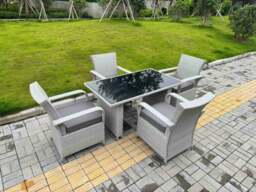 Rackhams Light Grey Rattan Outdoor Garden furniture Set Black Tempered Glass Dining Table and 4 Chairs Set with Seat Cushion - thumbnail 1