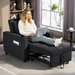 Rackhams 3-in-1 Sofa Bed, Convertible Sleeper Chair with Adjustable Backrest - Plastic - Black - Linen-look fabric - thumbnail 1