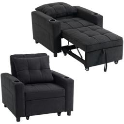 Rackhams 3-in-1 Sofa Bed, Convertible Sleeper Chair with Adjustable Backrest - Plastic - Black - Linen-look fabric - thumbnail 2
