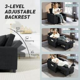 Rackhams 3-in-1 Sofa Bed, Convertible Sleeper Chair with Adjustable Backrest - Plastic - Black - Linen-look fabric - thumbnail 5